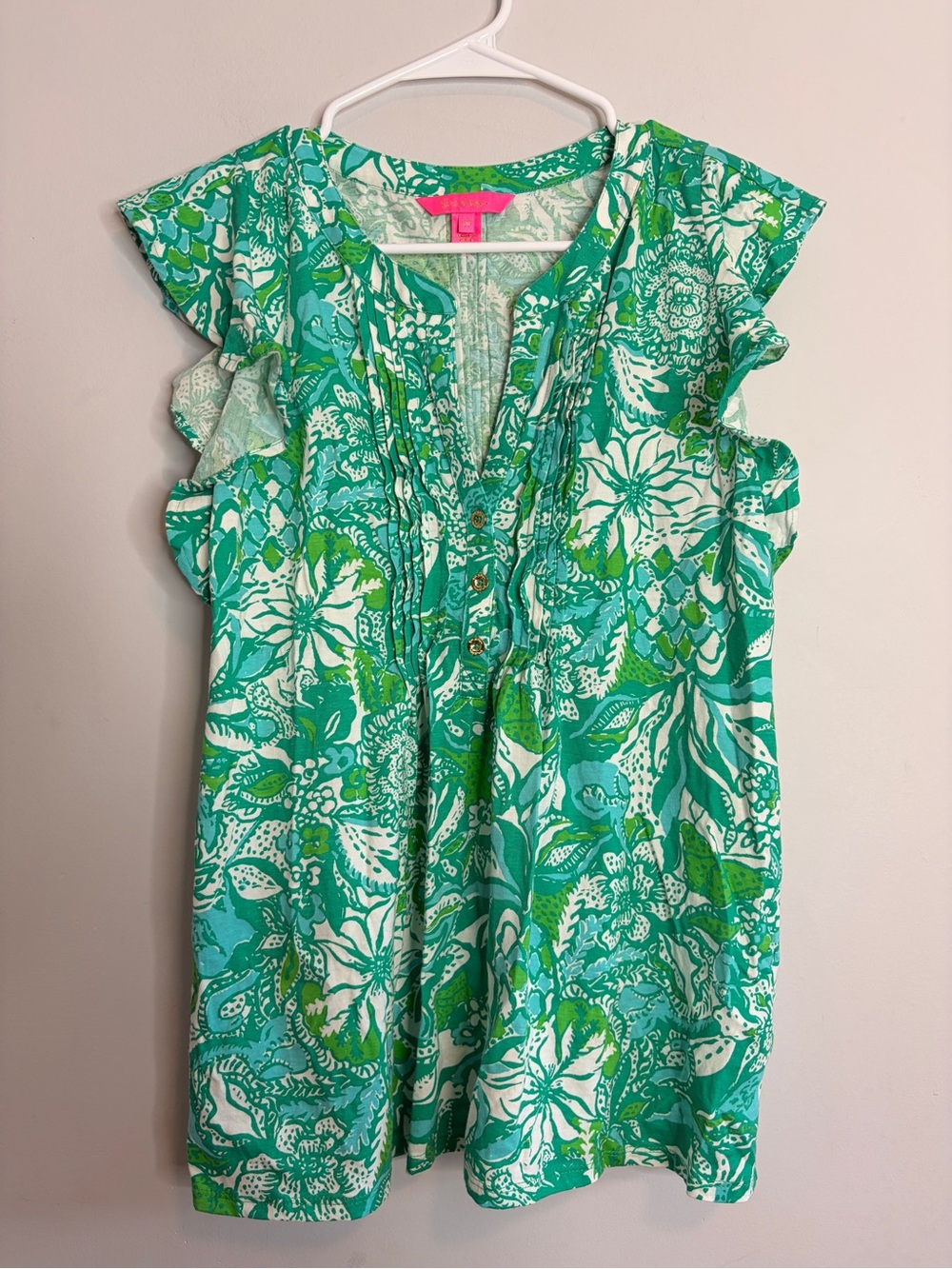 Lilly Pulitze Green Blue Sleeveless Ruffle Top Medium